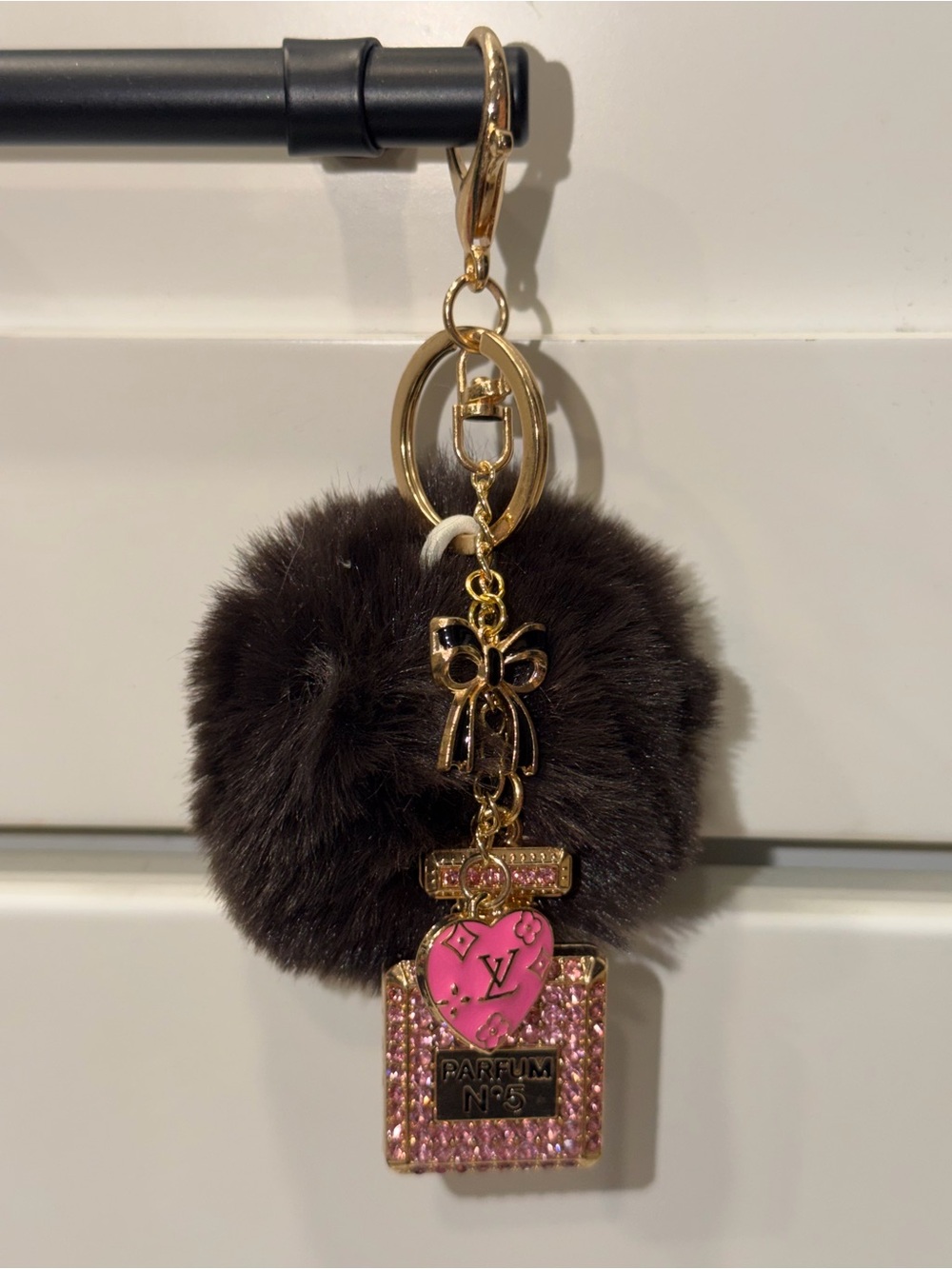 Pink & Brown Fur Pom Pom Keychain with Gold Perfume Bottle Charm
